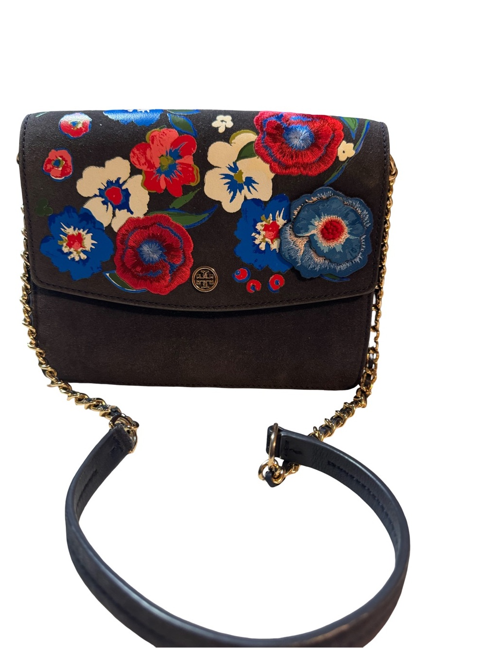Tory Burch navy blue Floral Embroidered Crossbody with Gold Chain